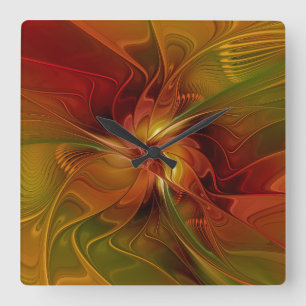 Relógio Quadrado Arte Floral Fractal Abstrata Vermelha Laranja Marr