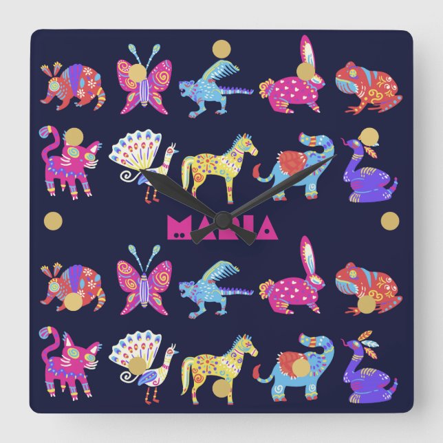 Relógio Quadrado Arte Folclórica Personalizada de Animais Mexicanos (Frente)