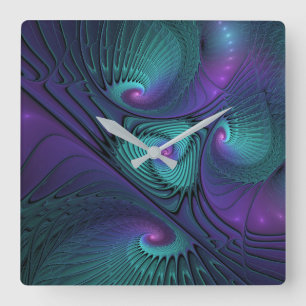 Relógio Quadrado Arte fractal abstrata moderna Roxo encontra Turque