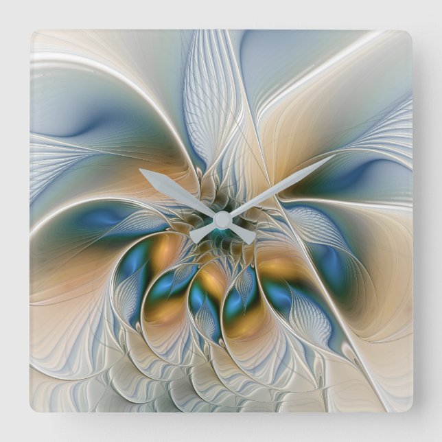 Relógio Quadrado Arte fractal de fantasia abstrata com azul (Frente)