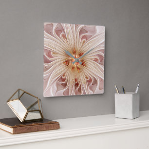 Relógio Quadrado Arte Fractal do Pastel de Pêssego abstrato Moderno