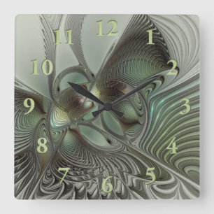 Relógio Quadrado Arte fractal fantasia verde cinza oliva abstrato