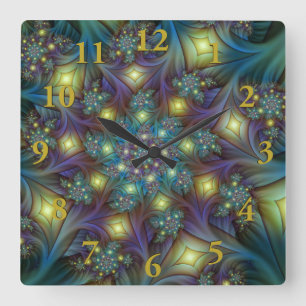 Relógio Quadrado Arte Fractal Roxa Roxa Abstrato brilhante iluminad