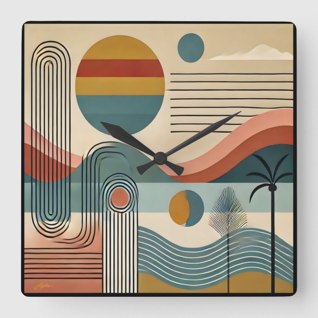 Relógio Quadrado Arte Moderna de Meados do Século Pôr do Sol na Pra (Frente)