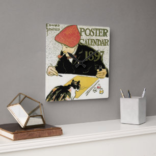 Relógio Quadrado Arte Nova Antiga, Artista Pintando com Gato de Est