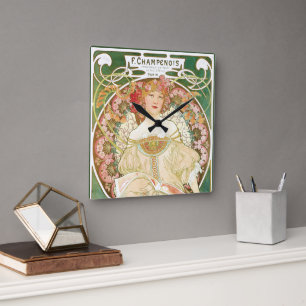 Relógio Quadrado Arte Nova Antiga, Champenois por Alphonse Mucha