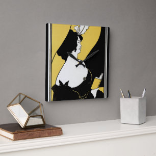 Relógio Quadrado Arte Nova Antiga, Mulher Lendo um Livro Amarelo