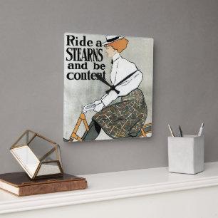 Relógio Quadrado Arte Nova Antiga, Pedale uma Bicicleta Sterns