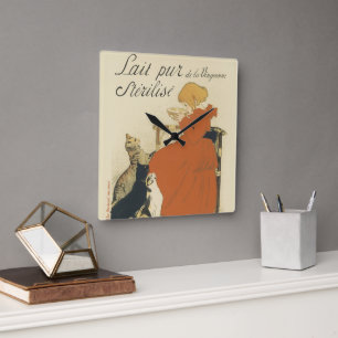 Relógio Quadrado Arte Nova Vitoriana Antiga, Menina com Gatos de Le