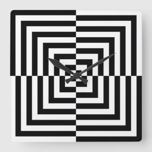 Relógio Quadrado Arte Óptica de Quadrado Concêntrico Preto e Branco