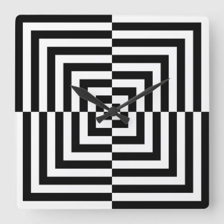 Relógio Quadrado Arte Óptica de Quadrado Concêntrico Preto e Branco
