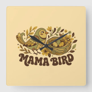 Relógio Quadrado Arte Retro da Mamãe Pássaro – Ilustração da Nature