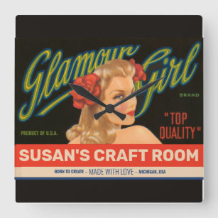 Relógio Quadrado Artesanato Personalizado Sala Vintage Glamor Girl 