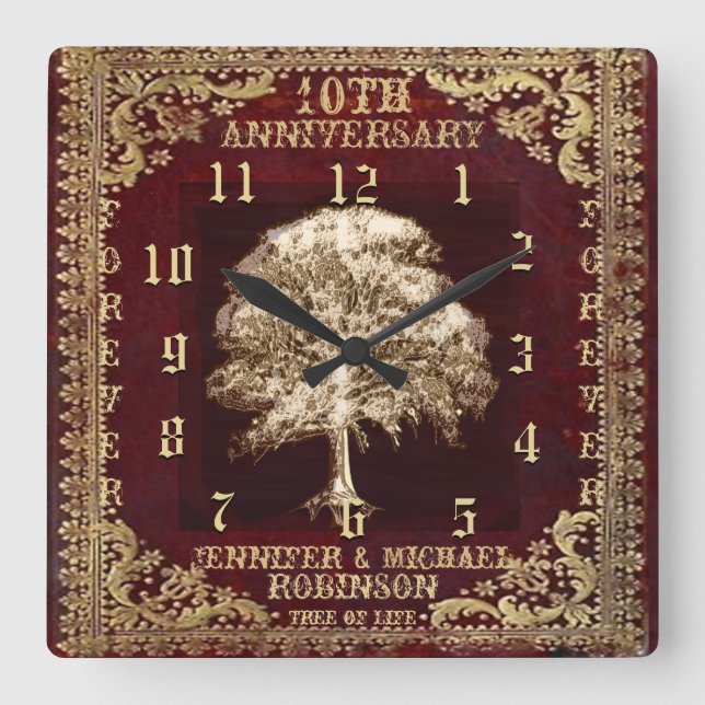 Relógio Quadrado Árvore da Vida de Aniversário (Frente)