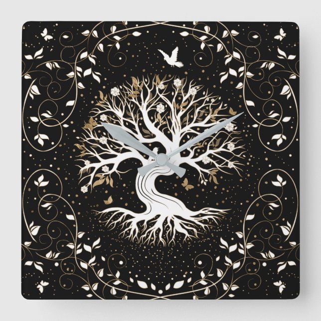 Relógio Quadrado Árvore da vida - Yggdrasil - branco preto e ouro (Frente)