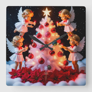 Relógio Quadrado Árvore de Natal Caprichosa Com Figurinhas de Anjo