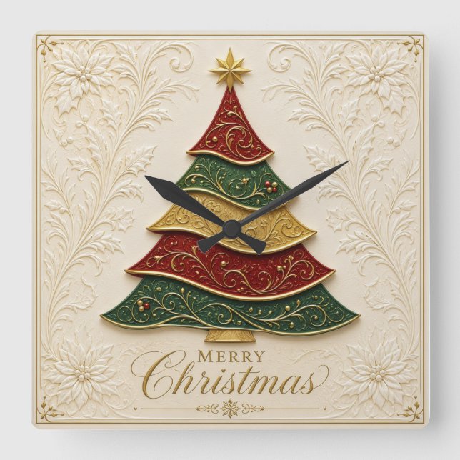 Relógio Quadrado Árvore de Natal Ornamentada a Ouro (Frente)