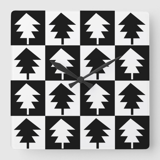 Relógio Quadrado Árvore de Natal Trendage Black and White (Frente)