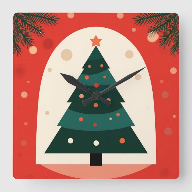 Relógio Quadrado Árvore de Natal Verde com Férias Vermelhas (Frente)