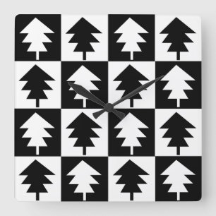 Relógio Quadrado Árvore de Natal Vintage Tendência Preto e Branco 