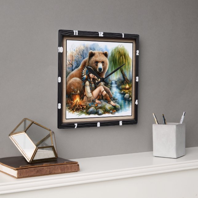 Relógio Quadrado Árvore de Urso Indígena (Escritório)