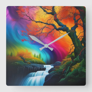 Relógio Quadrado Árvore do outono, Céu arco-íris cachoeiras