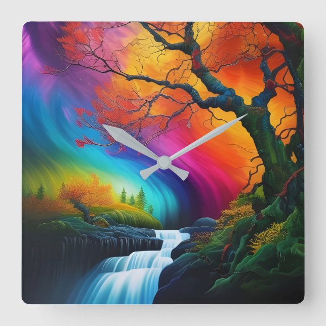Relógio Quadrado Árvore do outono, Céu arco-íris cachoeiras (Frente)