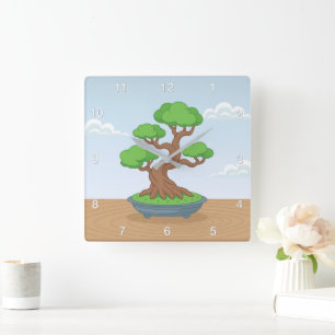 Relógio Quadrado Árvore japonesa de Bonsai retorcida na mesa