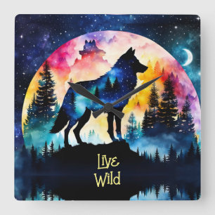 Relógio Quadrado Árvores aquáticas de lua de cheio de lobo