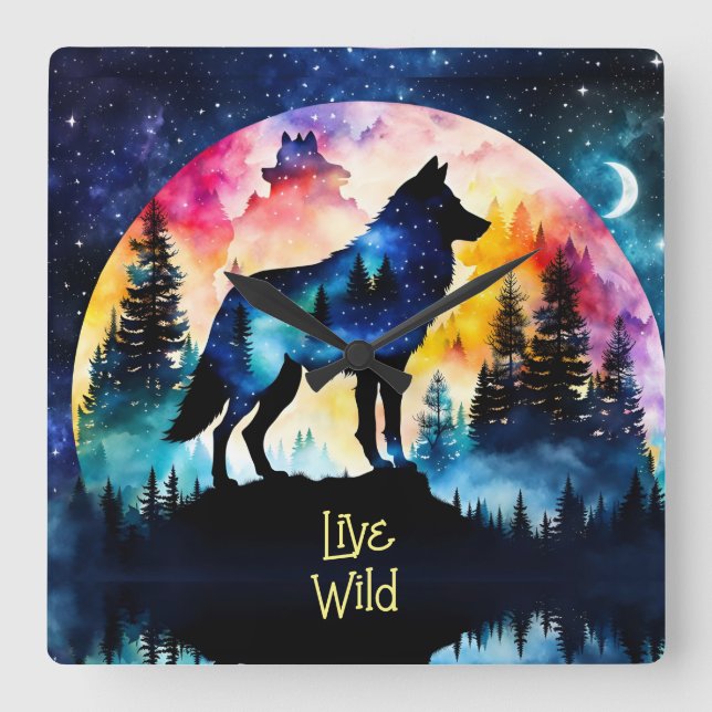 Relógio Quadrado Árvores aquáticas de lua de cheio de lobo (Frente)