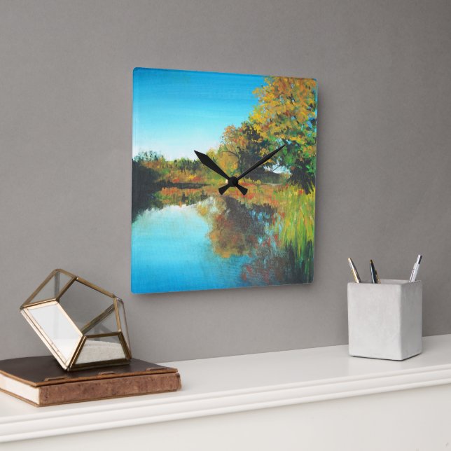 Relógio Quadrado Árvores do Rio Caem Paisagem Bela Arte (Escritório)