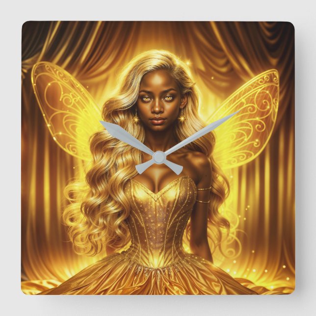 Relógio Quadrado Asas espumantes elegantes de fadas ouros entonadas (Frente)