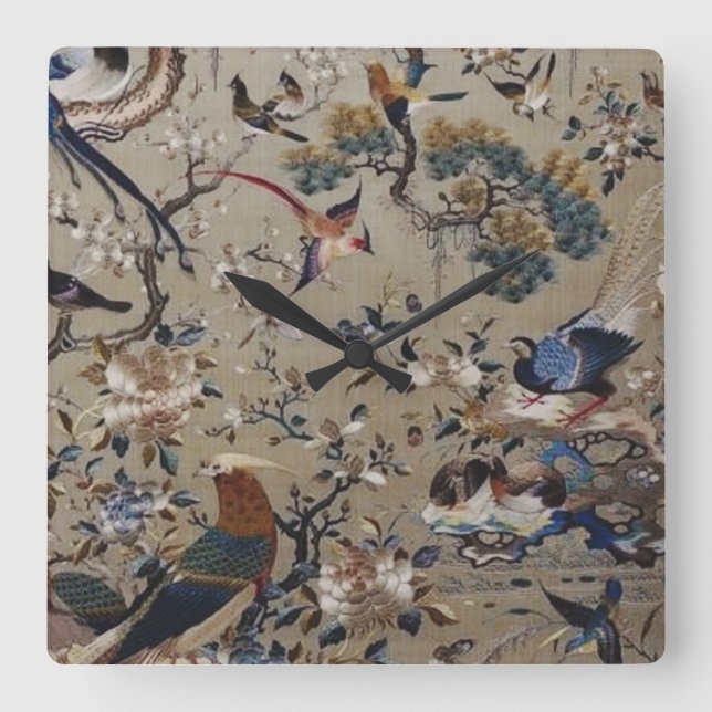 Relógio Quadrado Asiático,antigo,seda,Pintura,natureza,Aves,vindima (Frente)