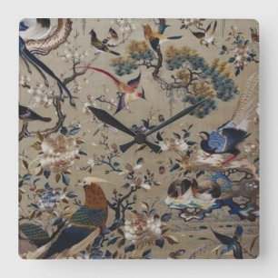 Relógio Quadrado Asiático,antigo,seda,Pintura,natureza,Aves,vindima