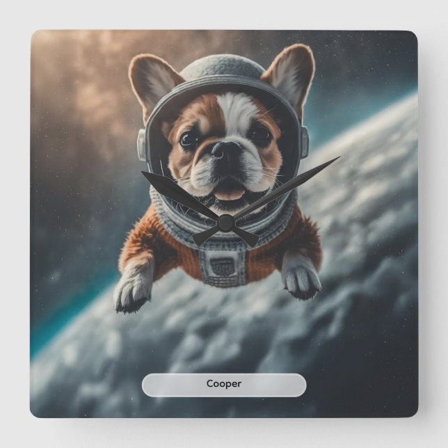 Relógio Quadrado Astronaut French Bulldog Space Nursery  (Frente)