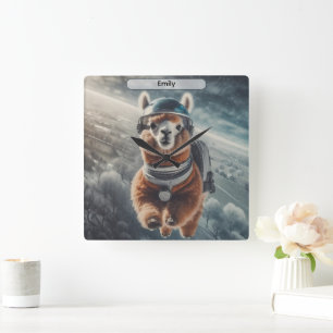 Relógio Quadrado Astronauta Alpaca no Espaço Animal Surrealista