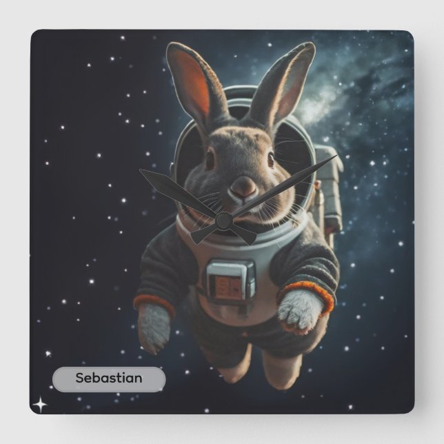 Relógio Quadrado Astronauta Coelho Espaço Surreal Animal Personaliz (Frente)