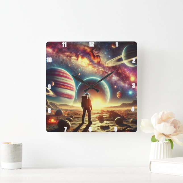 Relógio Quadrado Astronauta Explorar Vibrante Cenário Galáctico (Lar)