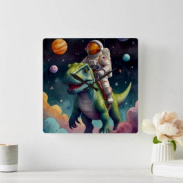 Relógio Quadrado Astronauta no Dino no Espaço
