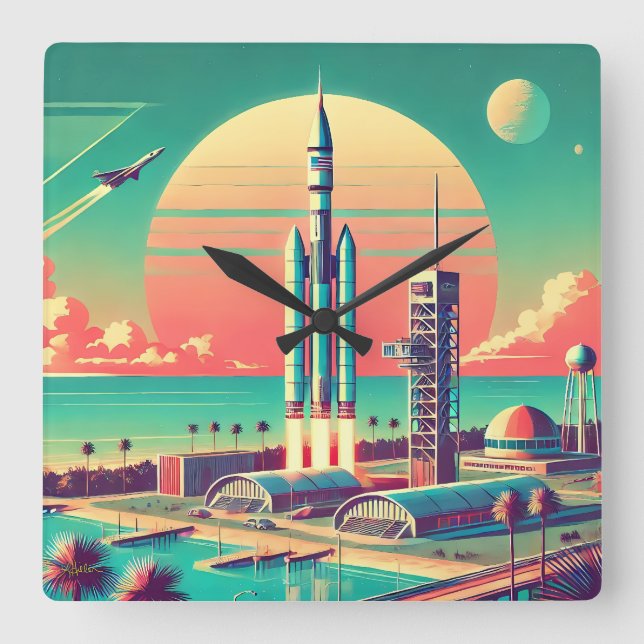 Relógio Quadrado Atomic Futuristic New Florida Launch Site (Frente)