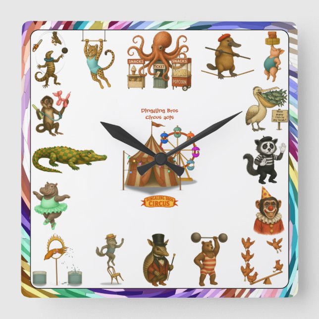 Relógio Quadrado Atrações do Circo Dingaling Bros (Frente)