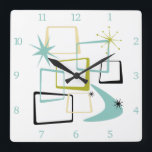 Relógio Quadrado Atum Agita Polares Boomerang Starburst Meio século<br><div class="desc">Adicione essa mistura de diversão e cor à sua parede com este fabuloso relógio de parede quadrado meio século atômico! Este design apresenta quadrados abstrato,  estereótipos e um bumerangue nas cores do verde abacate,  azul-aqua,  amarelo e preto...  tão engraçado!</div>