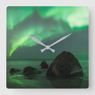 Relógio Quadrado Aurora Borealis Lofoten Beach Norway
