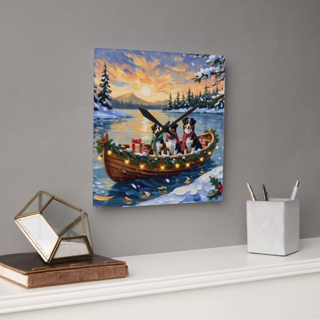 Relógio Quadrado Australian Shepherd Christmas Boat Holiday (Escritório)