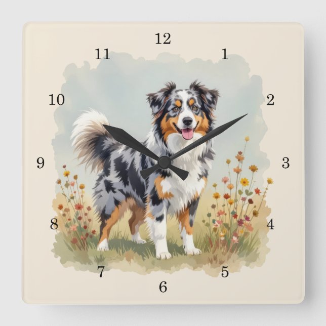 Relógio Quadrado Australian Shepherd Dog Merle Long Tail (Frente)