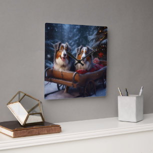 Relógio Quadrado Australian Shepherd Snowy Sleigh Decoração de Nata