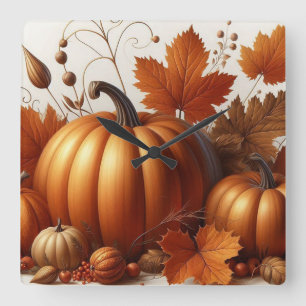 Relógio Quadrado Autumn Foliage e Pumpkins