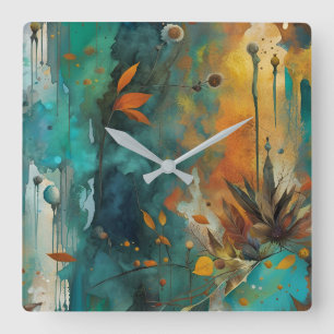 Relógio Quadrado Autumn Harvest Teal Rust Abstrato Dourado