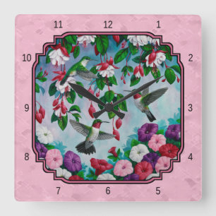 Relógio Quadrado Aves e Flores Humanas Rosa