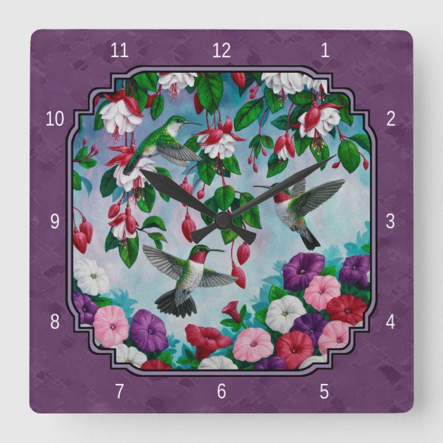 Relógio Quadrado Aves e Flores Roxas (Frente)